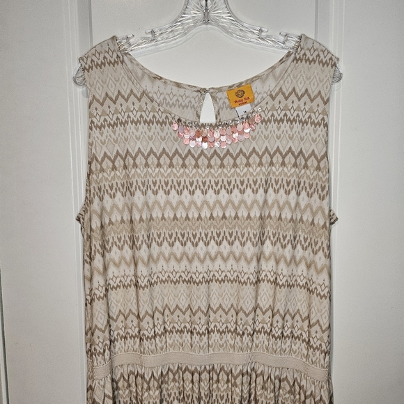 Ruby Rd Patterned Plus Size 1X Cream Tan Coral Sleeveless Stretchy Maxi Dress - Picture 3 of 12